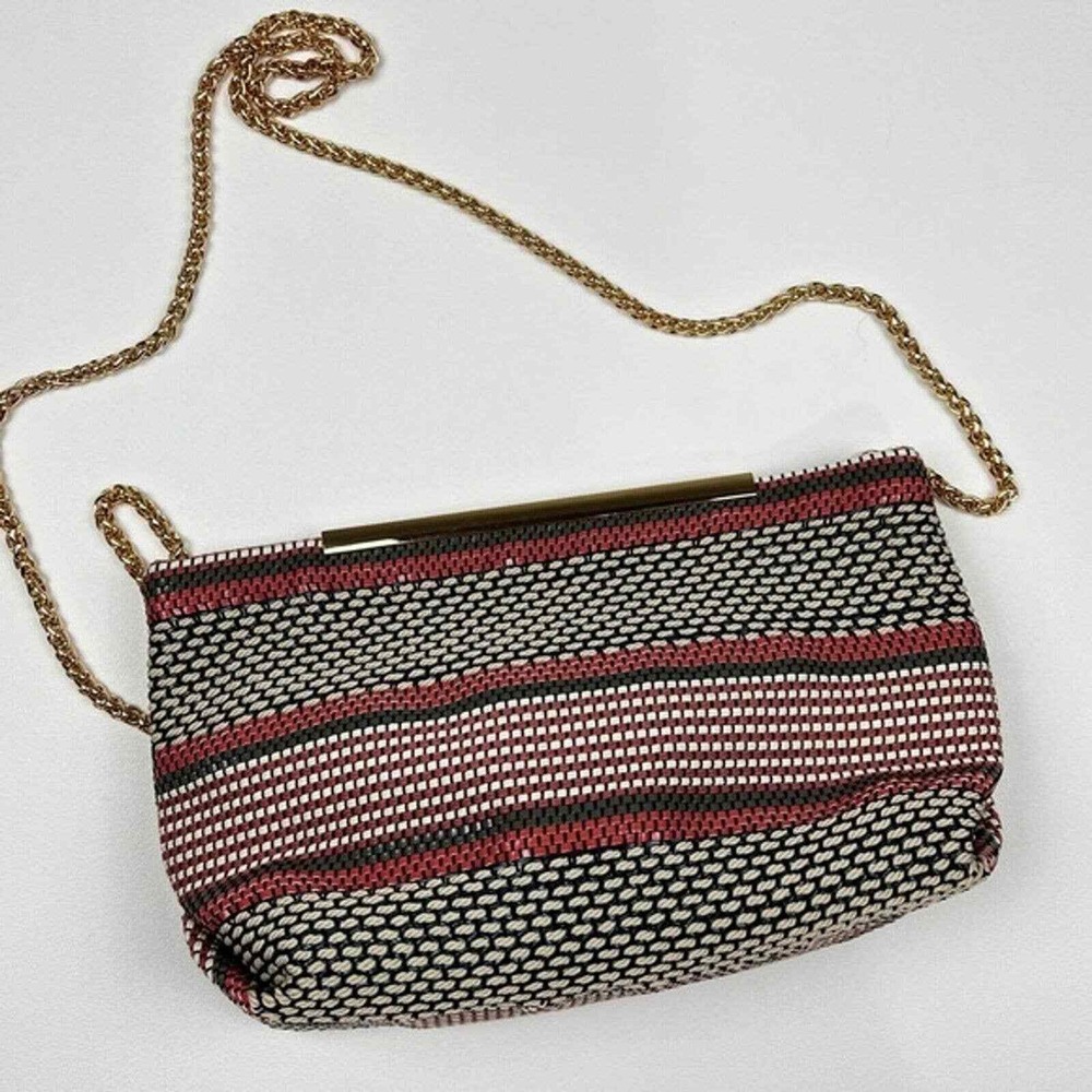 Stella & Dot Woven Striped Clutch Wmn Small Red Black White Gold Chain Boho Chic